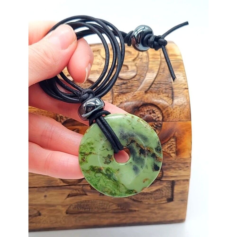Serpentine Necklace Stone Pendant Leather Cord
